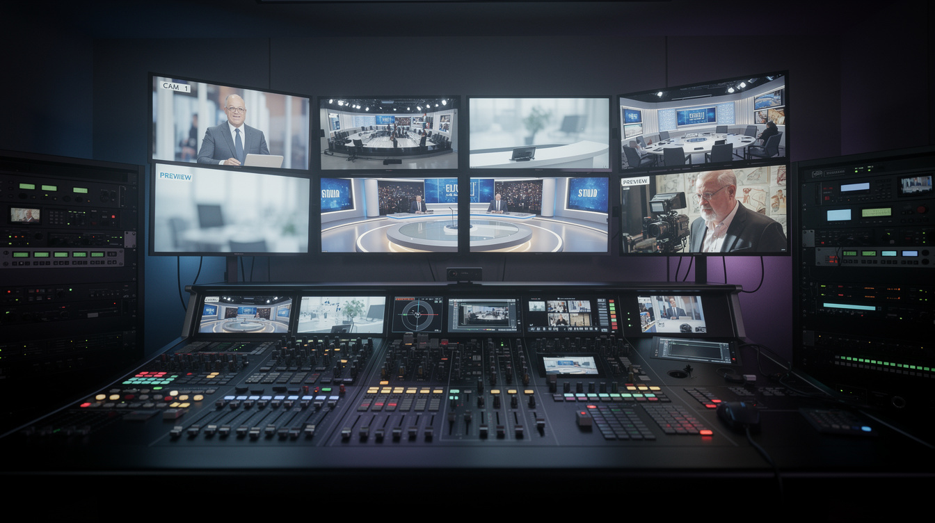Interior of a modern television production control room