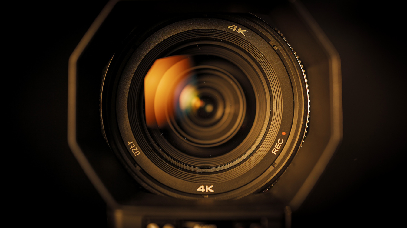 Close-up of a professional broadcast camera lens
