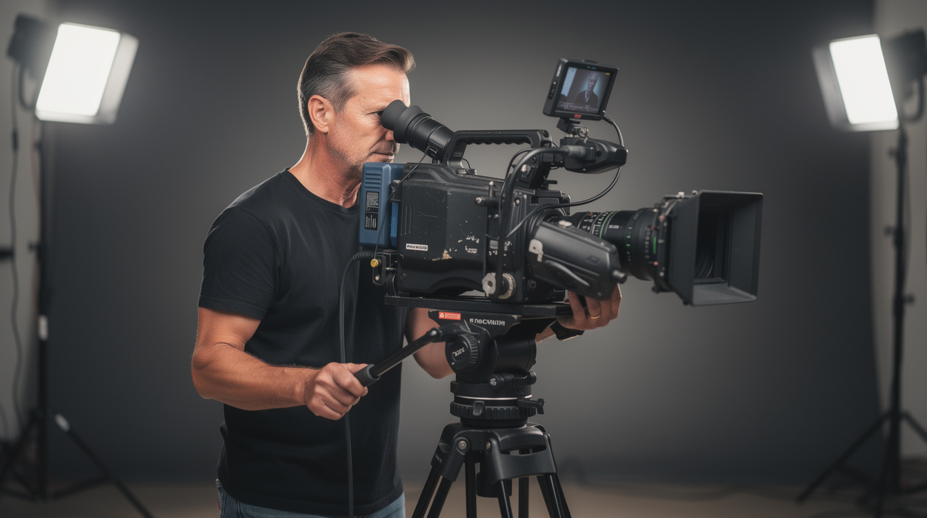 Camera operator framing an interview shot in a studio