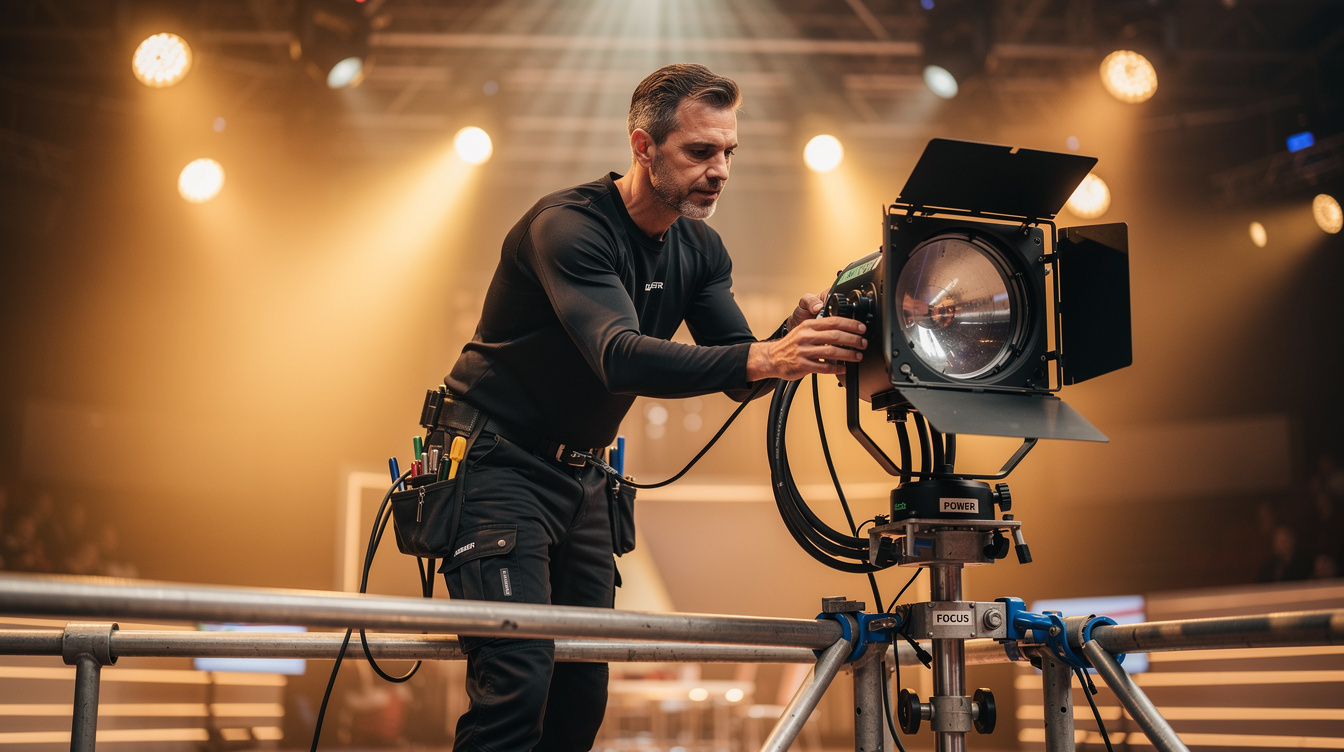 Technician adjusting professional stage lighting rig for a television show