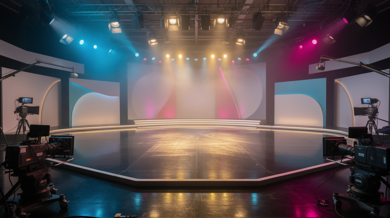Colorful stage lighting on an empty television show set