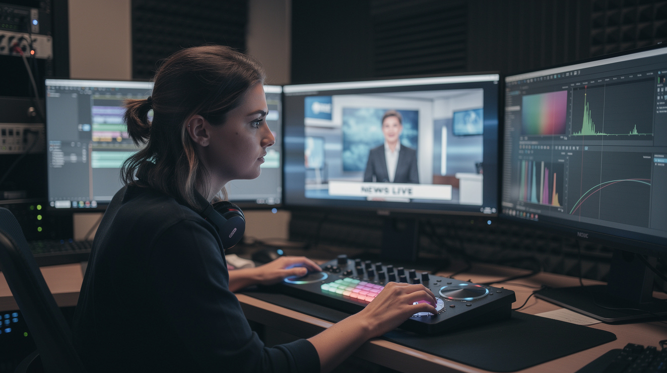 Editor reviewing show footage on multiple monitors