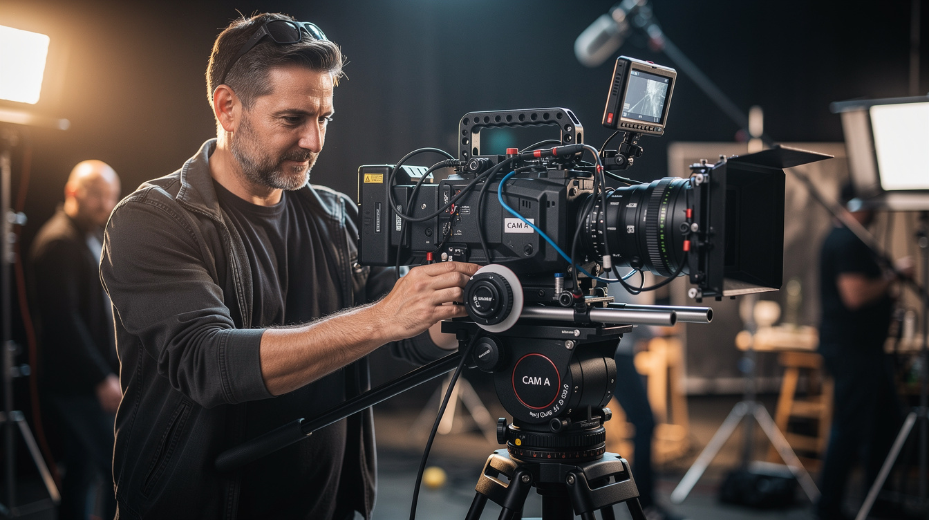 Director of photography adjusting a camera on a television set