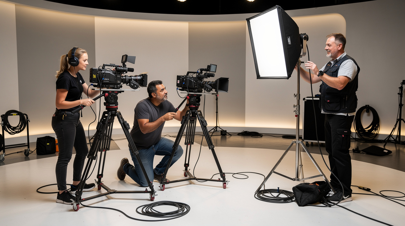 Production crew setting up cameras and lights for a live show